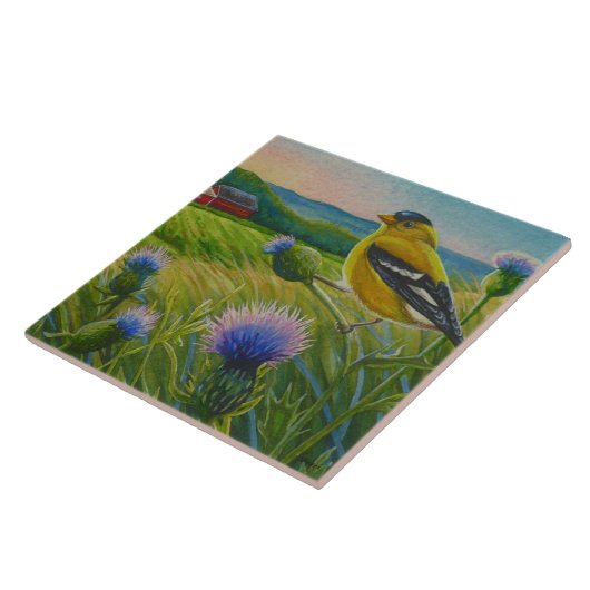 Goldfinch Bird Thistles Summer Boerderij Waterverf Tegeltje (Zijkant)