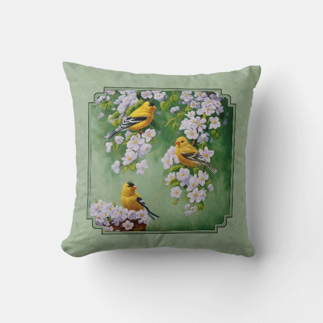 Goldfinch Birds and Flowers Green Kussen (Voorkant)