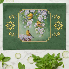 Goldfinch Birds and Flowers Green Theedoek