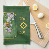 Goldfinch Birds and Flowers Green Theedoek (Quarter Fold)