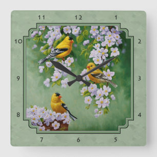 Goldfinch Birds and Flowers Green Vierkante Klok