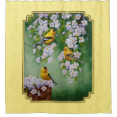 Goldfinch Birds & Apple Blossom Yellow Douchegordijn (Voorkant)