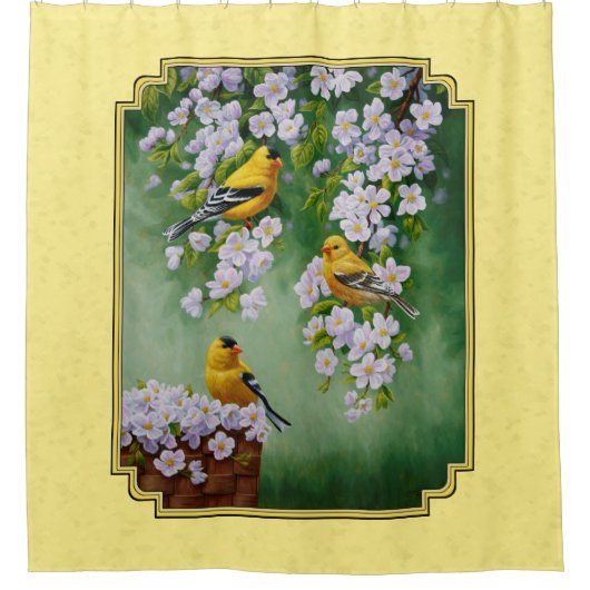 Goldfinch Birds & Apple Blossom Yellow Douchegordijn (Voorkant)