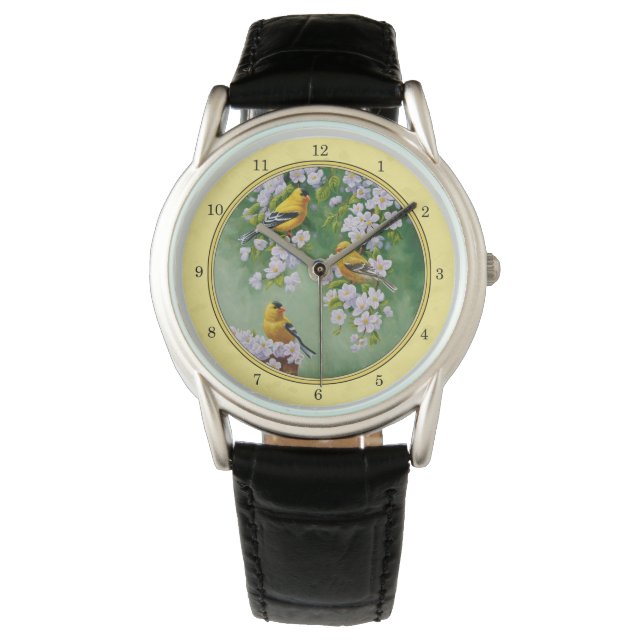 Goldfinch Birds & Apple Blossom Yellow Horloge (Voorkant)