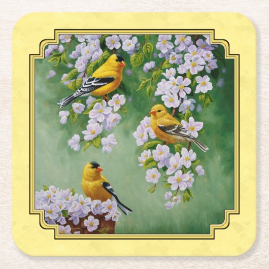 Goldfinch Birds & Apple Blossom Yellow Kartonnen Onderzetters (Voorkant)