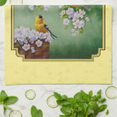 Goldfinch Birds & Apple Blossom Yellow Theedoek (Gevouwen)