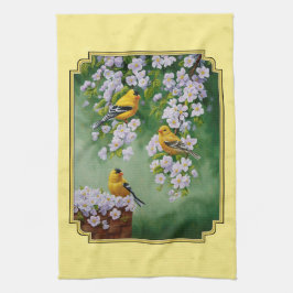 Goldfinch Birds & Apple Blossom Yellow Theedoek