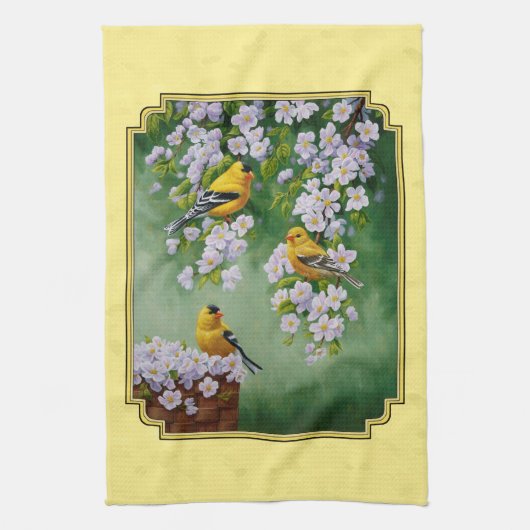 Goldfinch Birds & Apple Blossom Yellow Theedoek (Verticaal)