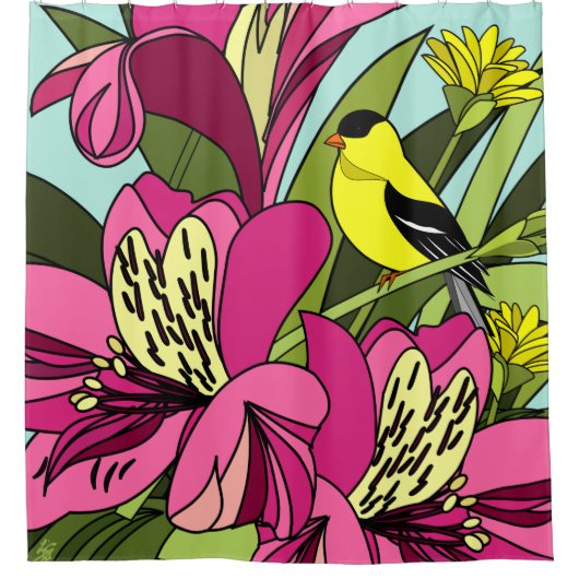 Goldfinch en Bloemen Douchegordijn (Voorkant)