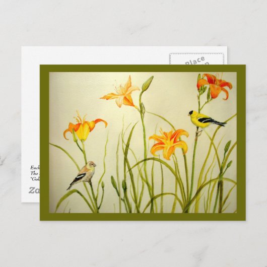 Goldfinch en Daylillies Print Briefkaart (Voorkant / Achterkant)
