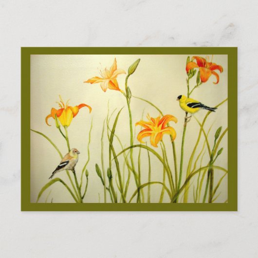 Goldfinch en Daylillies Print Briefkaart (Voorkant)
