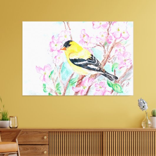 Goldfinch en Dogwood Flowers Canvas Afdruk (Insitu (Woonkamer))
