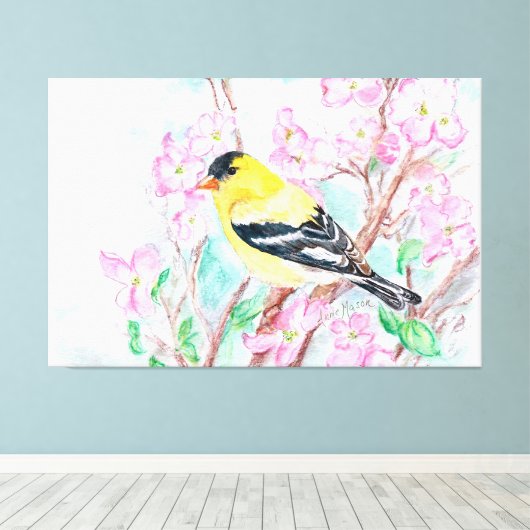 Goldfinch en Dogwood Flowers Canvas Afdruk (Insitu (Houten vloer))