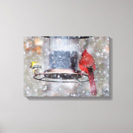 Goldfinch en kardinaal bij feeder canvas afdruk