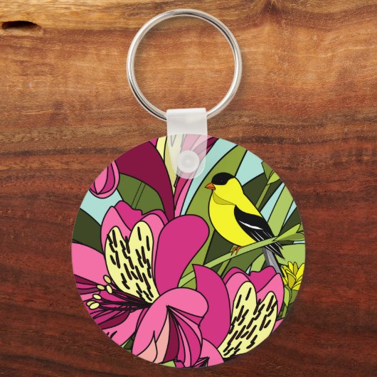 Goldfinch en Peruvian Lily Flower Sleutelhanger (Voorkant)