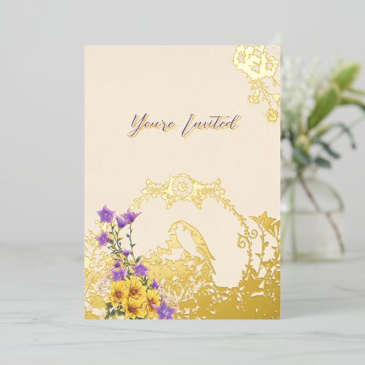 Goldfinch Lente Tuin Trouwcrème Folie Uitnodiging (Staand Voorkant)