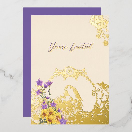 Goldfinch Lente Tuin Trouwcrème Folie Uitnodiging (Voorkant / Achterkant)