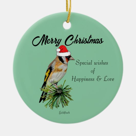 Goldfinch met een Santa Hat Keramisch Ornament (Voorkant)