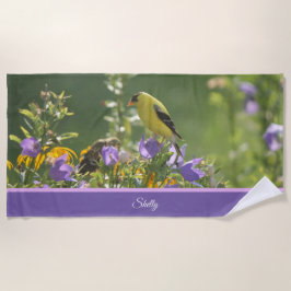 Goldfinch op een Harebell Flower Strandlaken