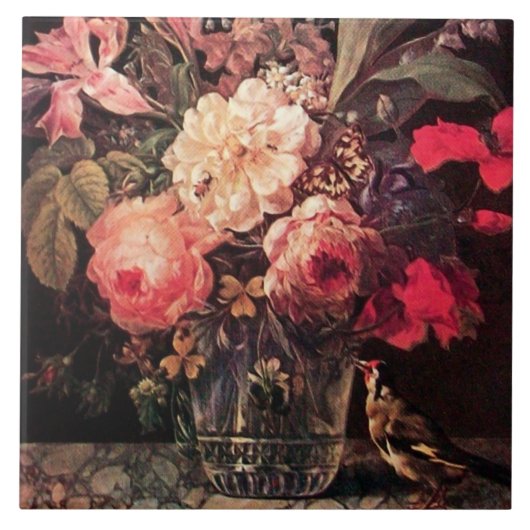 GOLDFINCH, PINK ROSES EN BUTTERFLES TEGELTJE (Voorkant)