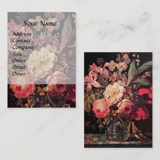 GOLDFINCH, PINK ROSES EN BUTTERFLES VISITEKAARTJE (Voorkant / Achterkant)