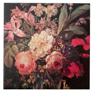 GOLDFINCH, PINK ROSES EN BUTTERFLES Vlaams Tegeltje