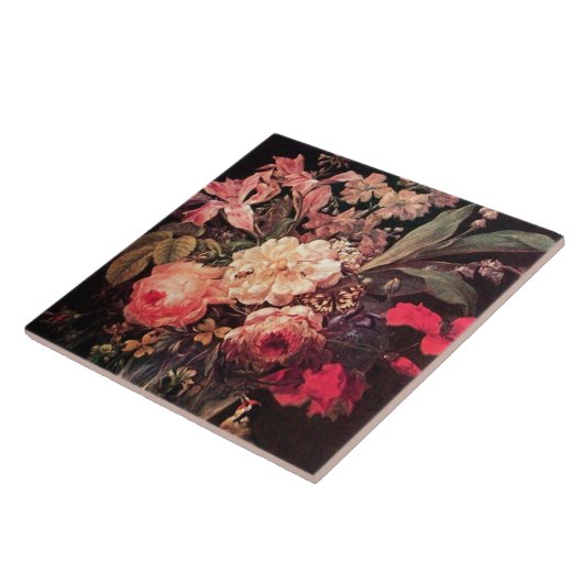 GOLDFINCH, PINK ROSES EN BUTTERFLES Vlaams Tegeltje (Zijkant)