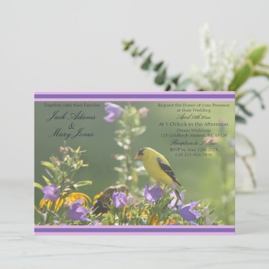Goldfinch Spring Garden Wedding Invitation Kaart (Staand voorkant)