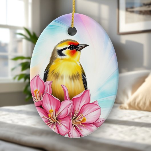 Goldfinch Washington State Bird met roze azalea's Keramisch Ornament