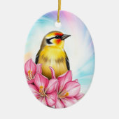 Goldfinch Washington State Bird met roze azalea's Keramisch Ornament (Voorkant)