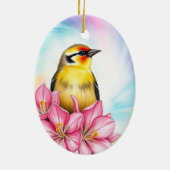 Goldfinch Washington State Bird met roze azalea's Keramisch Ornament (Achterkant)