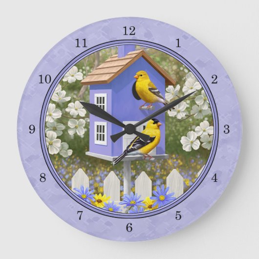 Goldfinches & Cute Birdhouse Lavender Grote Klok (Voorkant)