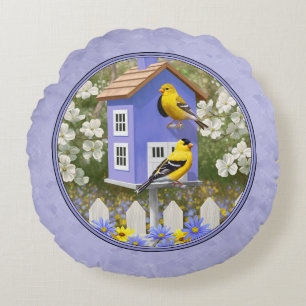 Goldfinches & Cute Birdhouse Lavender Rond Kussen
