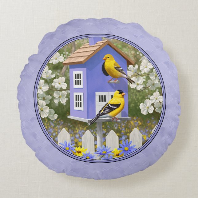 Goldfinches & Cute Birdhouse Lavender Rond Kussen (Voorkant)
