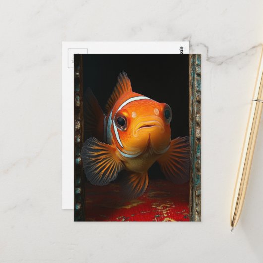 Goldfish in a Blue Box on a Red Pillow Briefkaart (Voorkant / Achterkant in situ)