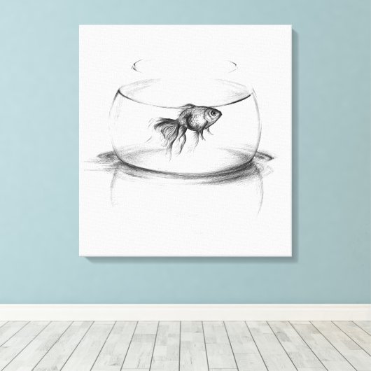 Goldfish in bowl en water Potlood tekenkunst Canvas Afdruk (Insitu (Houten vloer))