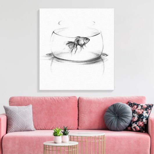 Goldfish in bowl en water Potlood tekenkunst Canvas Afdruk (Insitu (Woonkamer))