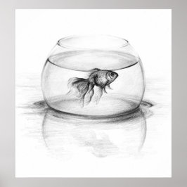 Goldfish in bowl en water Potlood tekenkunst Poster