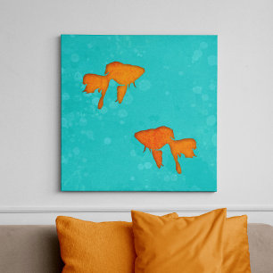 Goldfish Sinaasappel Silhouettes in Turquoise Wate Canvas Afdruk