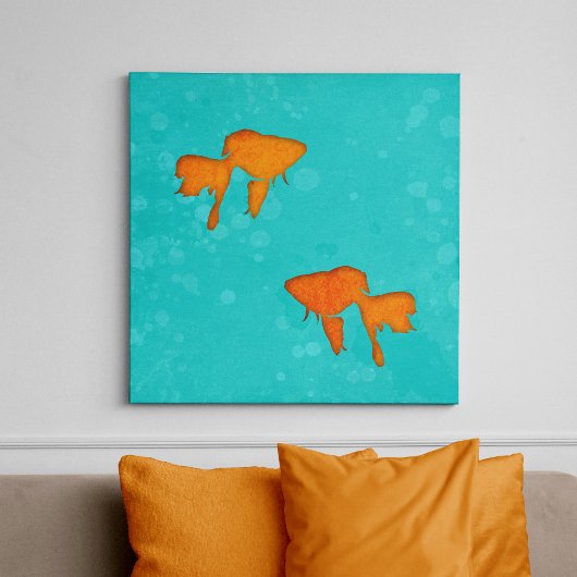 Goldfish Sinaasappel Silhouettes in Turquoise Wate Canvas Afdruk