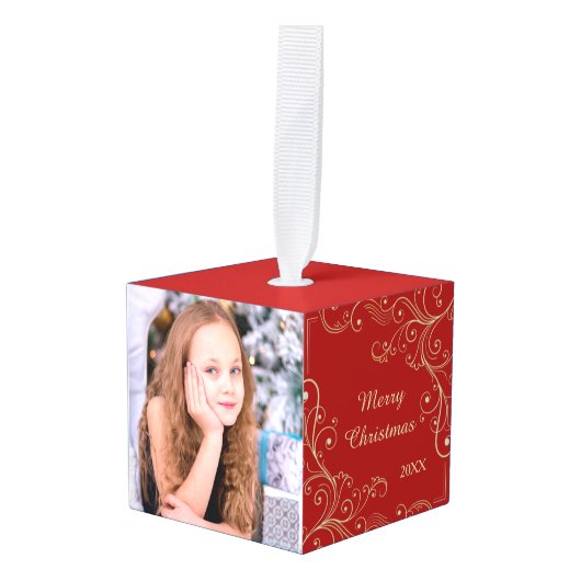 Goldl Swirl op Red Photo Template Kubus Ornament (Voorkant hoekig)