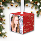 Goldl Swirl op Red Photo Template Kubus Ornament