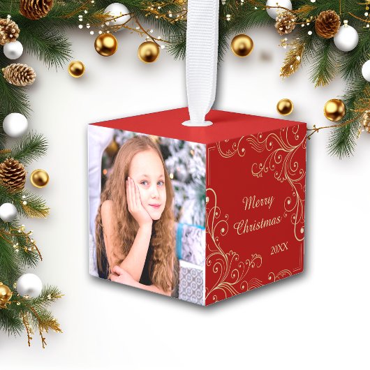 Goldl Swirl op Red Photo Template Kubus Ornament