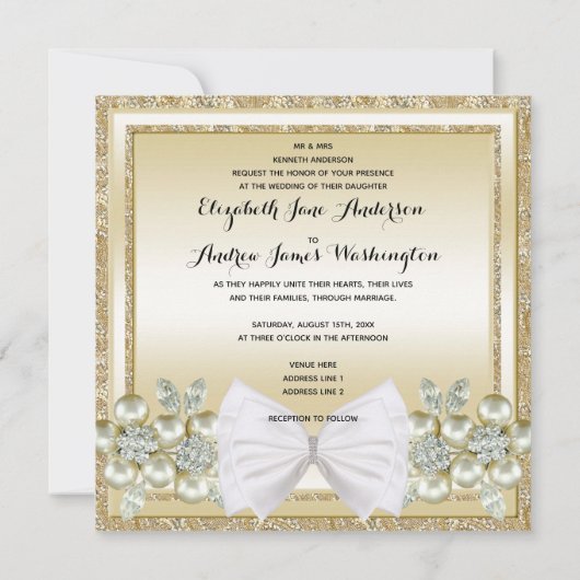 GoldSequins en Floral Pareltjes Glitter Bow Weddin Kaart (Achterkant)