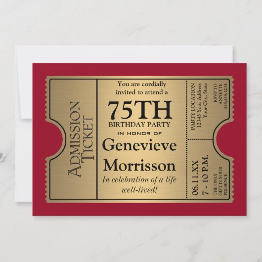 Goldven Ticket Style 75th Birthday Party Invite Kaart (Voorkant)