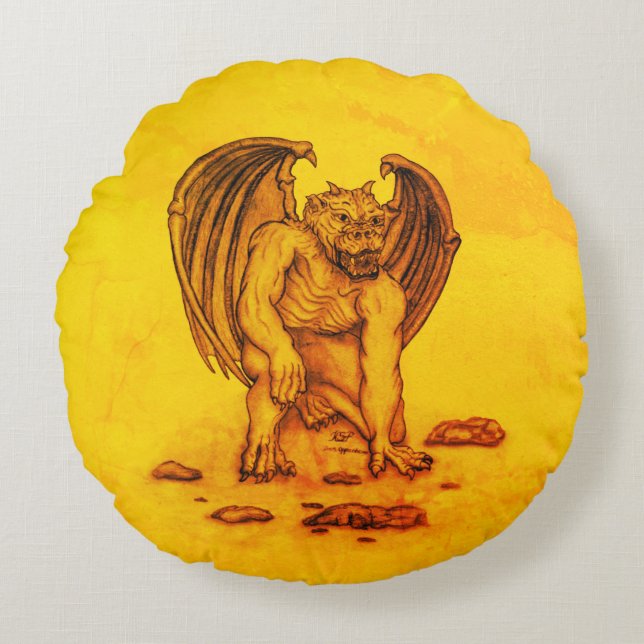 Golem Gargoyle Rond Kussen (Voorkant)