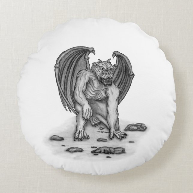 Golem Gargoyle Rond Kussen (Voorkant)