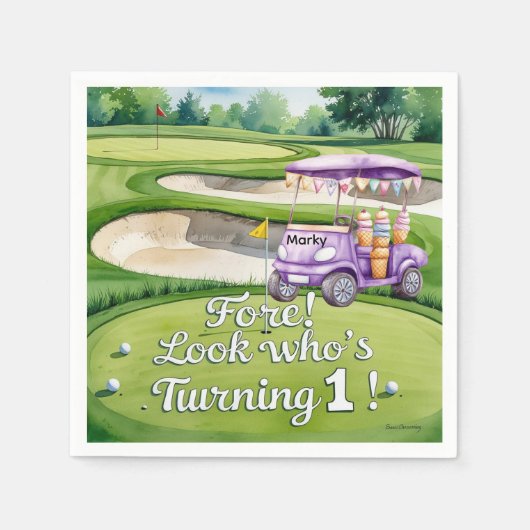 Golf 1 e verjaardag met golfkar op Putting Green Servet (Voorkant)