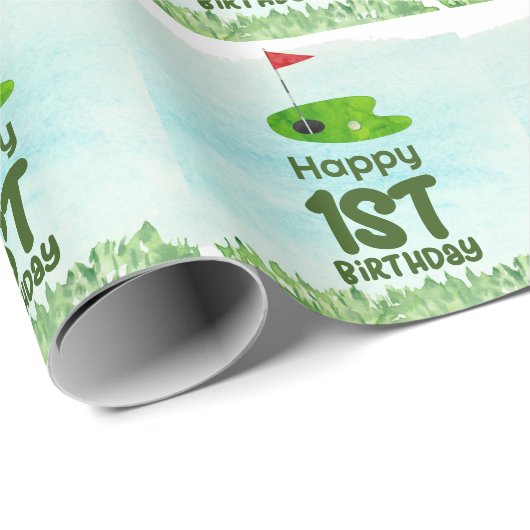 Golf 1e verjaardag een jaar oude golfer met winkel cadeaupapier (Rol Hoek)