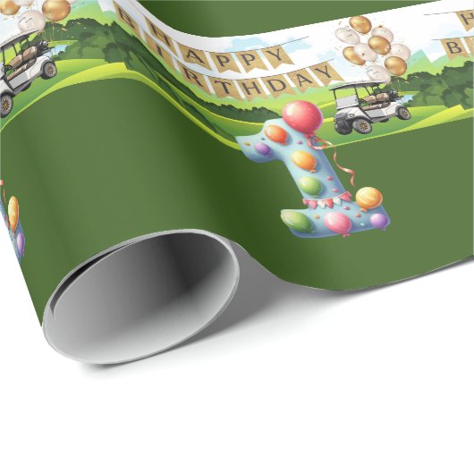 Golf 1e verjaardag een jaar oude golfer met winkel cadeaupapier (Rol Hoek)